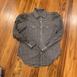 Plaid collared shirt with puffy shoulders
